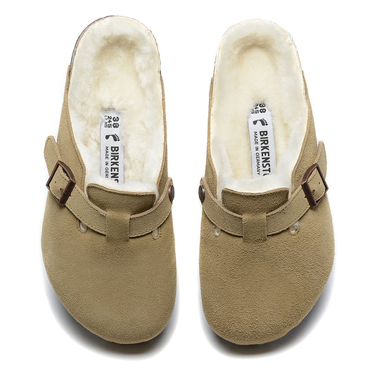 Birkenstock Khaki Suede White Shearling Lining Clog Shoes