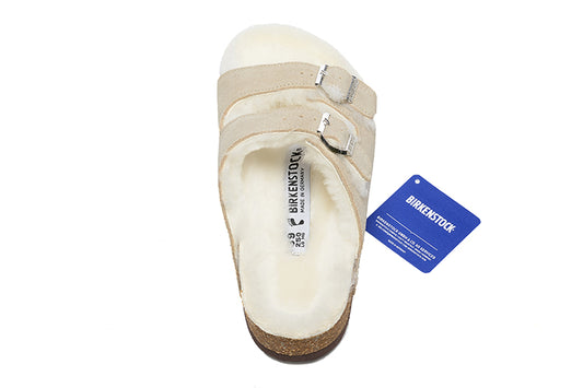 Birkenstock Two-Button Cream Scrub Leather White Fur Lining Slippers