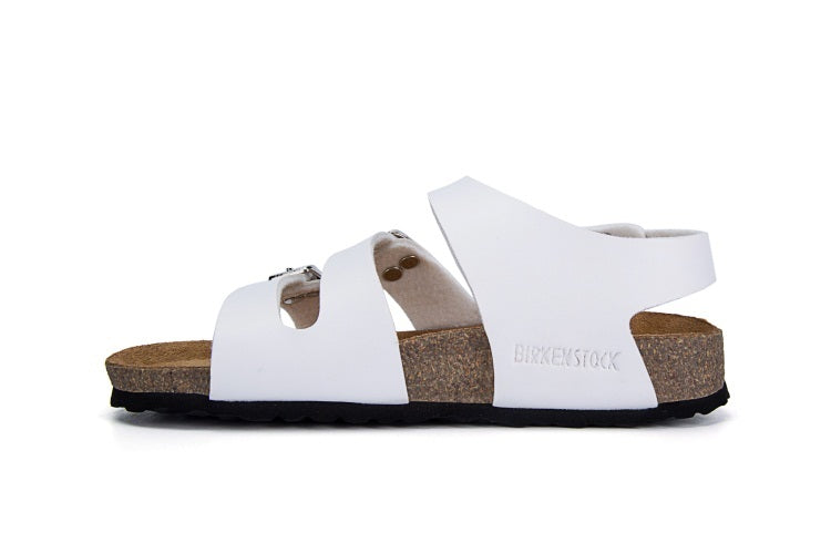 Birkenstock Ellice Three-Button White Matte Leather Strappy Sandals