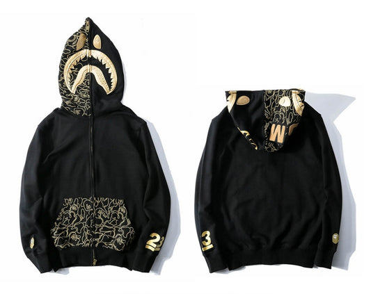 A Bathing Ape BAPE Black Gold Embroidered Shark Head Pocket Printed Hoodie Jacket