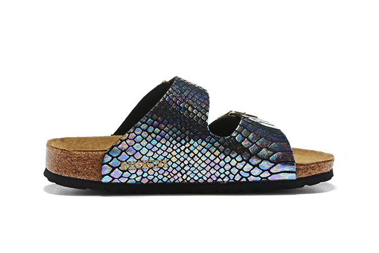 Birkenstock Black Snakeskin Reflective Double Buckle Leather Sandals