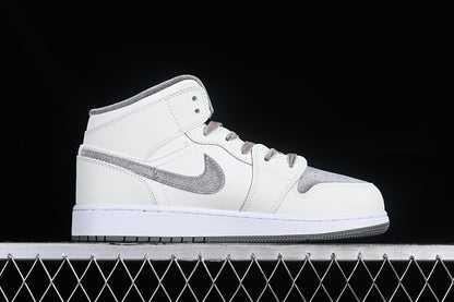 Nike Air Jordan 1 Mid SE GS Metallic Gold Grey White Sneakers
