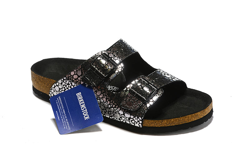 Birkenstock Two-Button Black Metal Stone Matte Leather Casual Slippers
