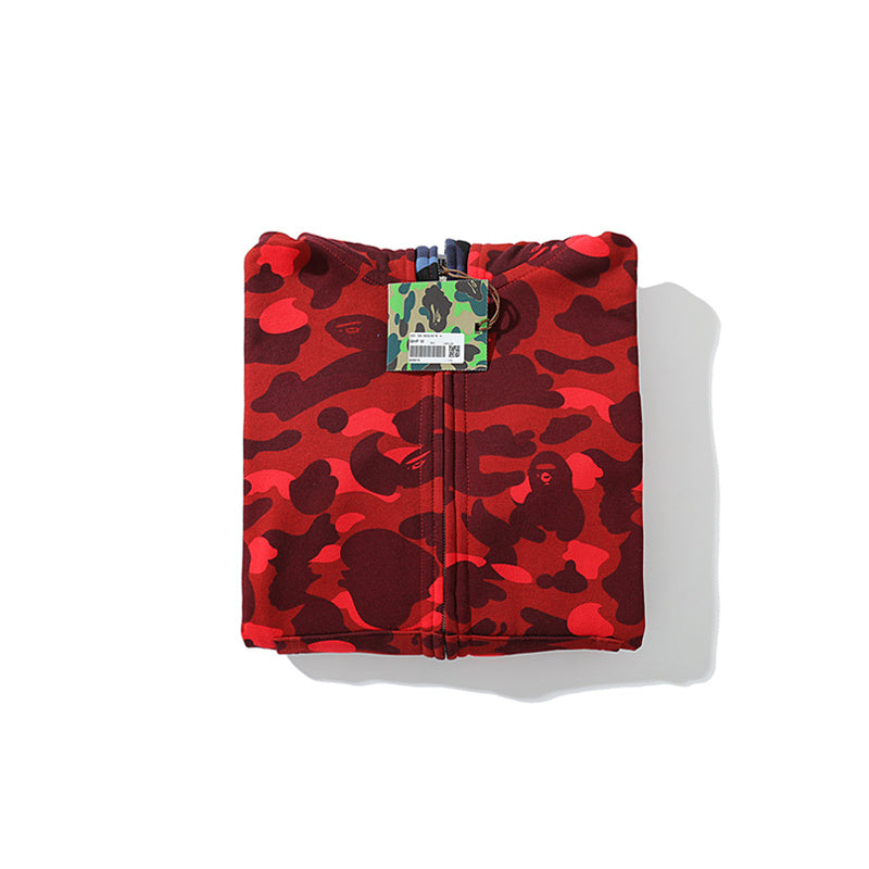A Bathing Ape BAPE Shark Head Tiger Head Double Cap Camouflage Hoodie Red