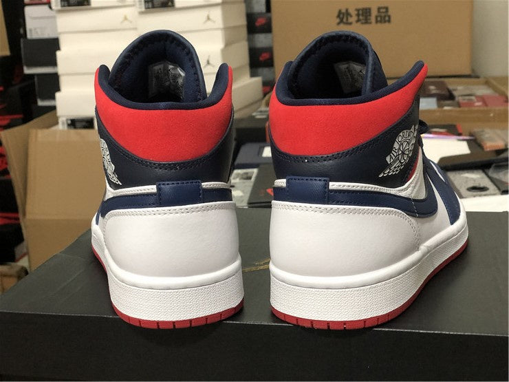 Nike Air Jordan 1 Mid SE USA Olympic White Navy Blue Red Sneakers