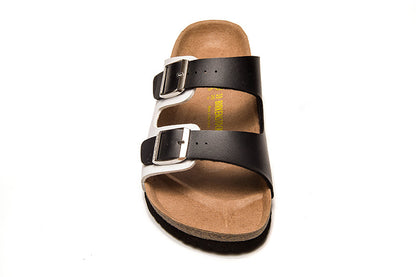Birkenstock Two-Button Black And White Matte Leather Slippers