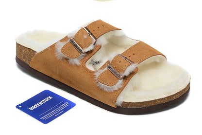 Birkenstock Two-Button Brown Scrub White Fleece Lined Leather Slippers