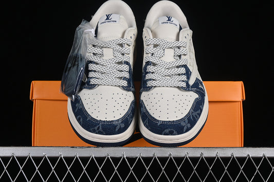 Nike Air Jordan 1 Low Travis Scott Fragment Design OG SP Louis Vuitton White Denim Blue Sneakers