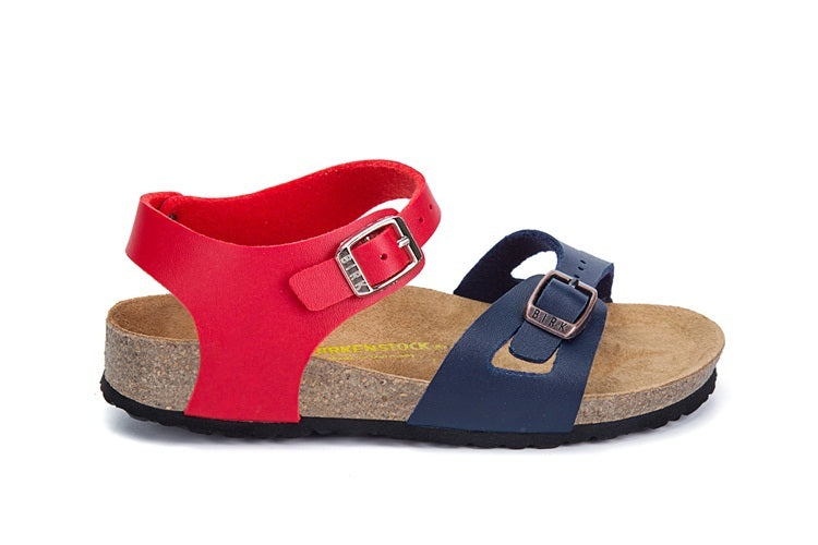 Birkenstock Single Button Navy And Red Double Color Matte Leather Sandals