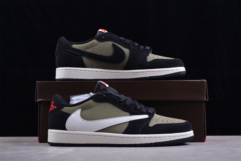 Travis Scott Nike Air Jordan1 Low OG SP White Label Olive Green Black Sneakers