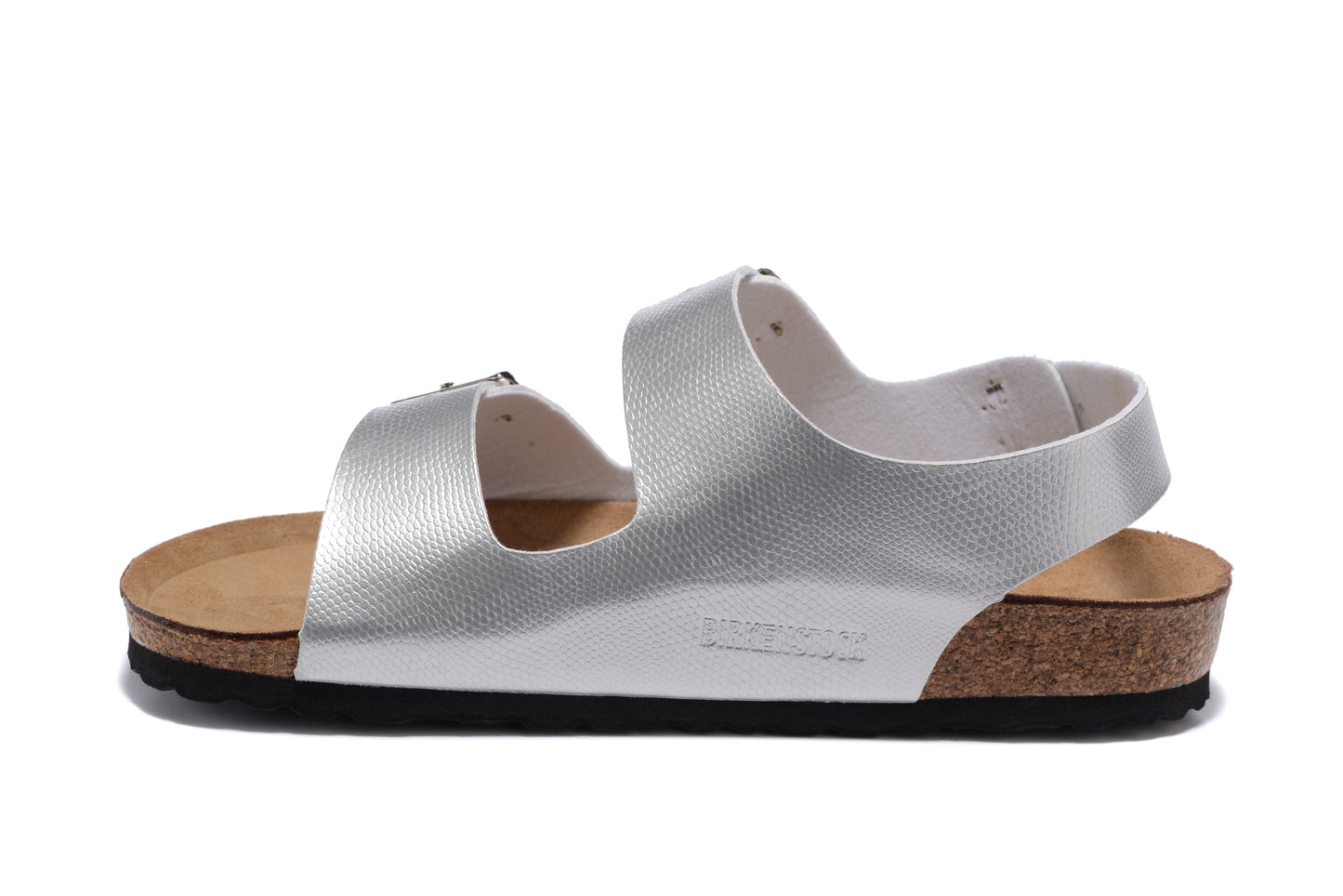 Birkenstock Silver Snakeskin Double Buckle Strap Sandal