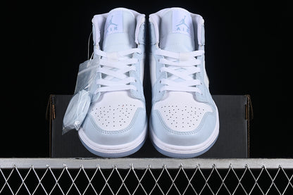 Nike Air Jordan 1 Mid SE GS Glitter Swoosh Ice Blue White Sneakers