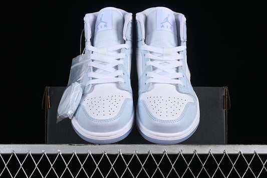 Nike Air Jordan 1 Mid SE GS Glitter Swoosh Ice Blue White Sneakers