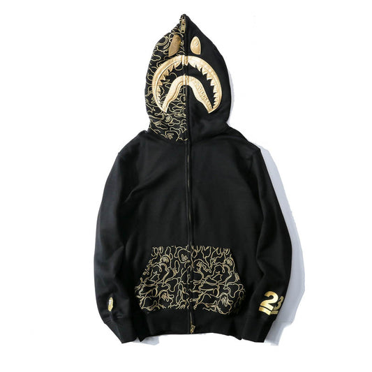 A Bathing Ape BAPE Black Gold Embroidered Shark Head Pocket Printed Hoodie Jacket