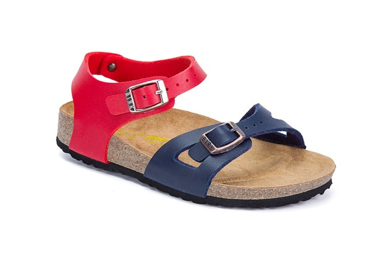 Birkenstock Single Button Navy And Red Double Color Matte Leather Sandals