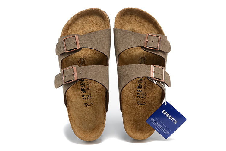 Birkenstock Two-Button Light Brown Scrub Leather Slippers