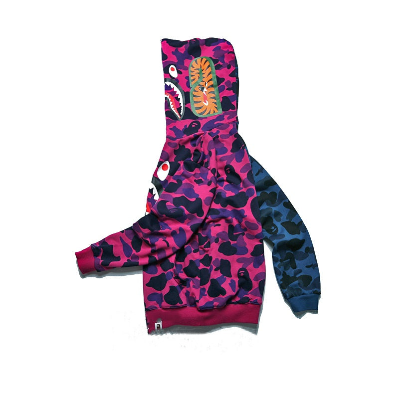 A Bathing Ape BAPE Shark Head Splicing Camouflage Zipper Hoodie Purple And Blue