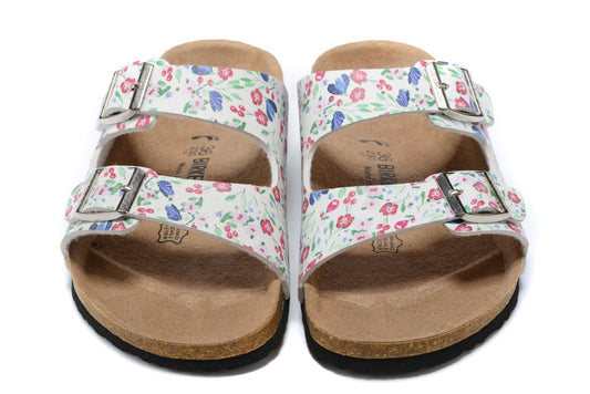 Birkenstock Two-Button White Floral Matte Leather Slippers