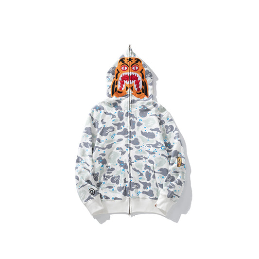 A Bathing Ape BAPE Shark Head Tiger Head Joint Edition Noctilucent Starry Sky White Hoodie