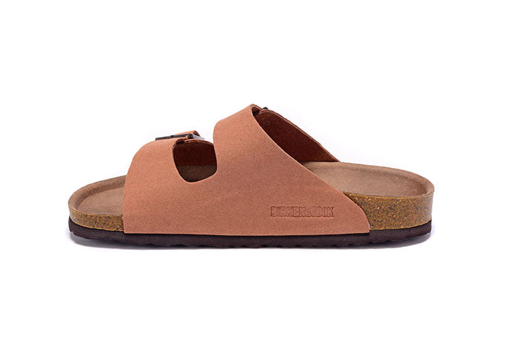 Birkenstock Two-Button Pinkish-Orange Scrub Leather Slippers