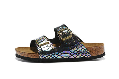 Birkenstock Black Snakeskin Reflective Double Buckle Leather Sandals