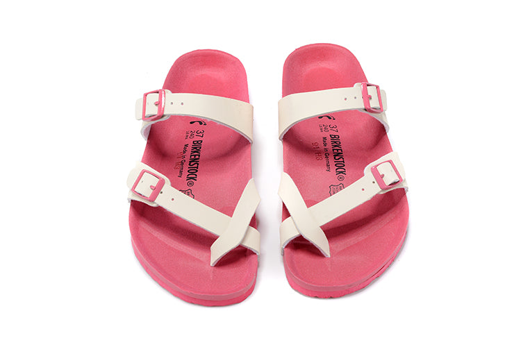 Birkenstock Two-Button Ringfinger White Matte Leather Pink Sole Slippers