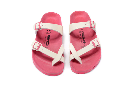 Birkenstock Two-Button Ringfinger White Matte Leather Pink Sole Slippers