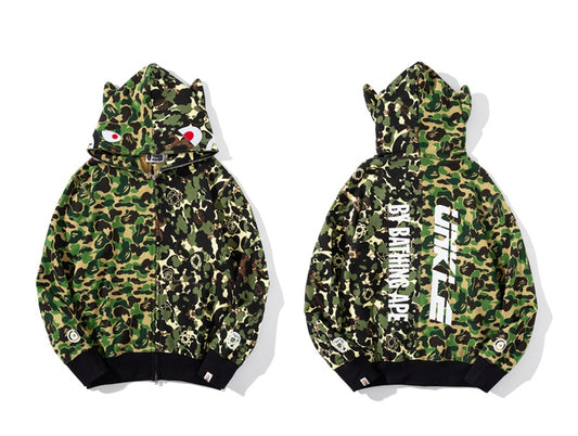 A Bathing Ape BAPE x UNKLE Joint Edition Patchwork Camouflage Green Belt Ear Hoodie