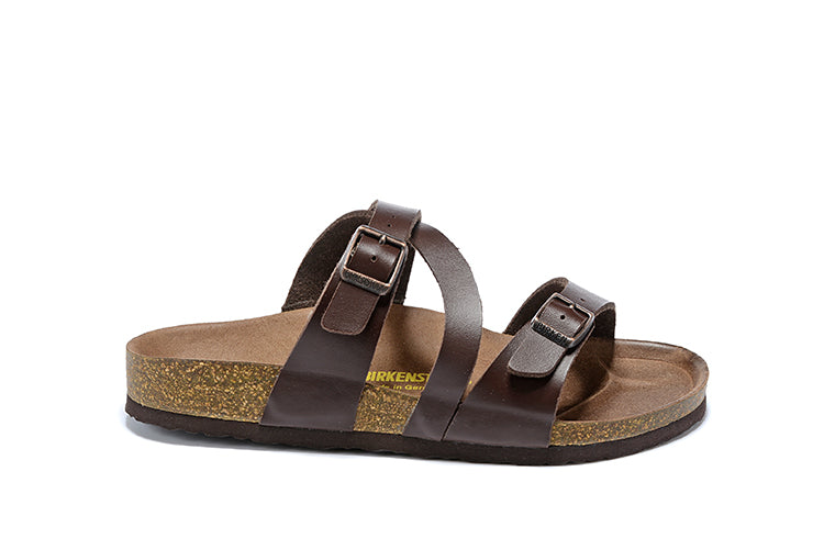 Birkenstock Two-Button Brown Matte Leather Intersect Black Sole Slippers