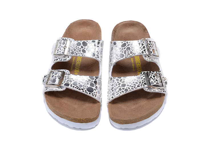 Birkenstock Two-Button Silver Metal Stone Matte Leather Slippers