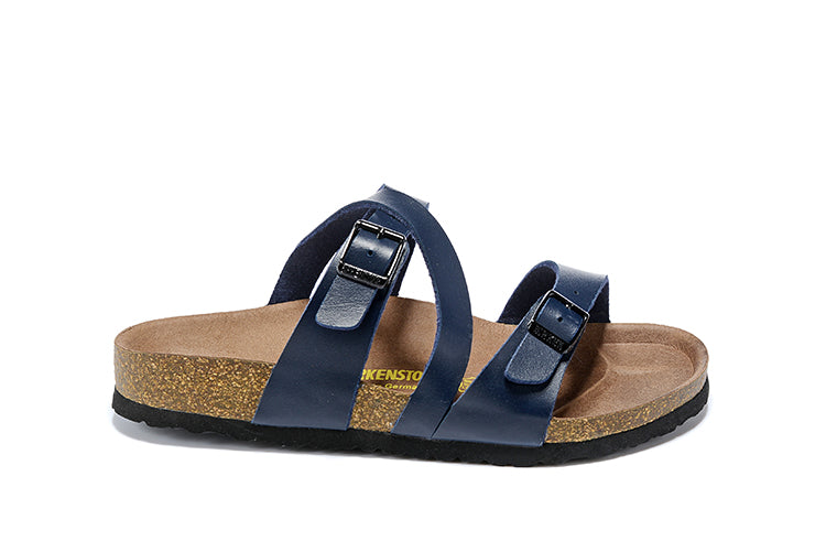 Birkenstock Two-Button Navy Matte Leather Intersect Black Sole Slippers