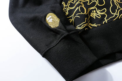 A Bathing Ape BAPE Black Gold Embroidered Shark Head Pocket Printed Hoodie Jacket