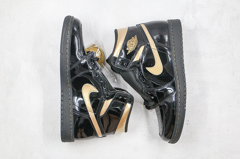 Nike Air Jordan 1 Retro High OG Black Metallic Gold Patent Leather Sneakers