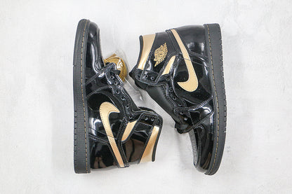 Nike Air Jordan 1 Retro High OG Black Metallic Gold Patent Leather Sneakers