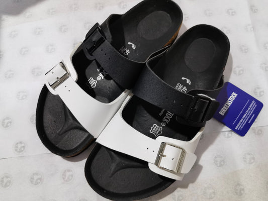 Birkenstock Two-Button Black White Dual Color Matte Leather Slippers