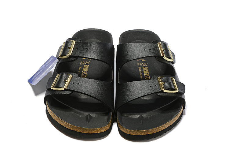 Birkenstock Two-Button Black Matte Leather Black Sole Slippers