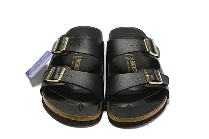 Birkenstock Two-Button Black Matte Leather Black Sole Slippers