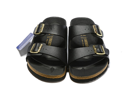 Birkenstock Two-Button Black Matte Leather Black Sole Slippers