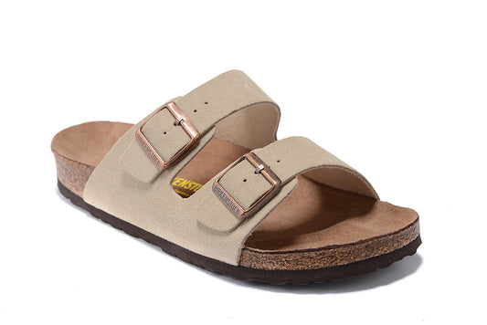 Birkenstock Two-Button khaki Scrub Leather Slippers