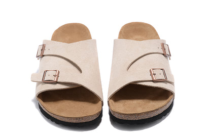 Birkenstock Two Buttons Cream Scrub Leather Fashion Slippers