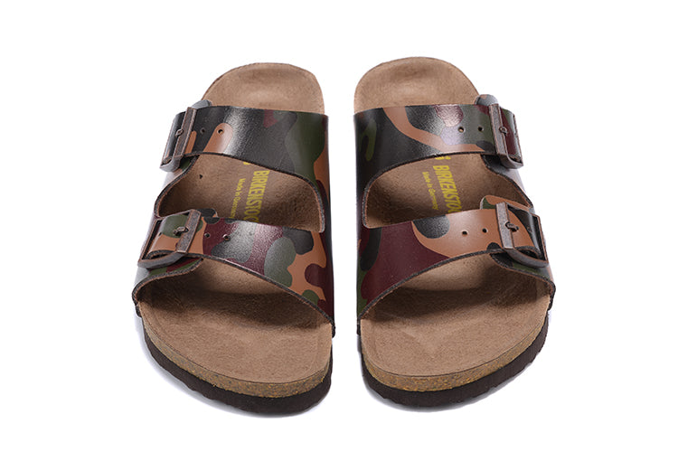 Birkenstock Two-Button Brown Camouflage Matte Leather Slippers