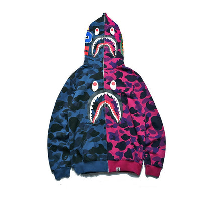A Bathing Ape BAPE Shark Head Splicing Camouflage Zipper Hoodie Purple And Blue