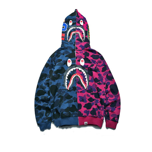 A Bathing Ape BAPE Shark Head Splicing Camouflage Zipper Hoodie Purple And Blue