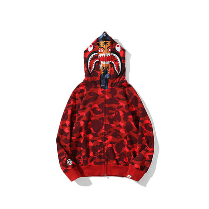 A Bathing Ape BAPE Shark Head Tiger Head Double Cap Camouflage Hoodie Red