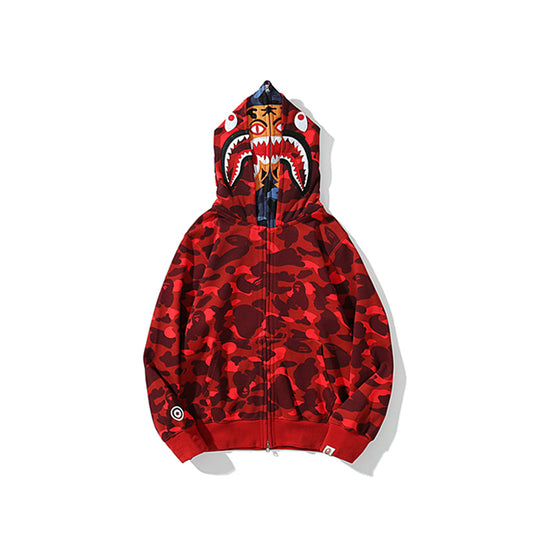 A Bathing Ape BAPE Shark Head Tiger Head Double Cap Camouflage Hoodie Red