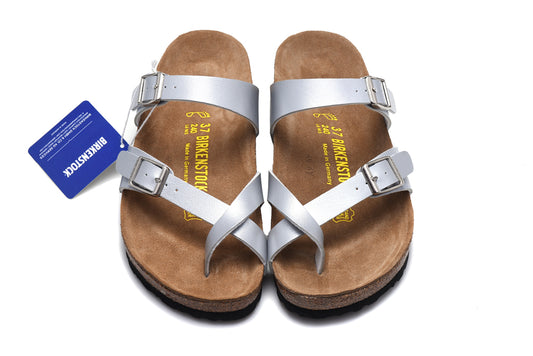 Birkenstock Two-Button Silver Ringfinger Matte Leather Slippers