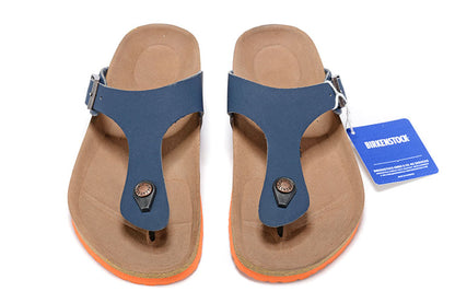 Birkenstock Blue Orange Sole Casual Scrub Leather Flip Flops