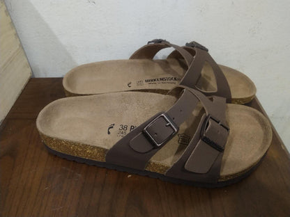 Birkenstock Two-Button Brown Scrub Intersect Leather Slippers