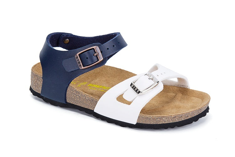 Birkenstock Single Button White And Blue Double Color Matte Leather Sandals