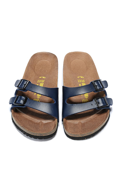 Birkenstock Two Buckle Thin Belt Navy Matte Leather Slippers